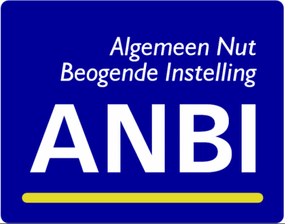 ANBI logo op een koningsblauwe achtergrond en de tekst 'Algemeen Nut Beogende Instelling - ANBI' in witte letters.