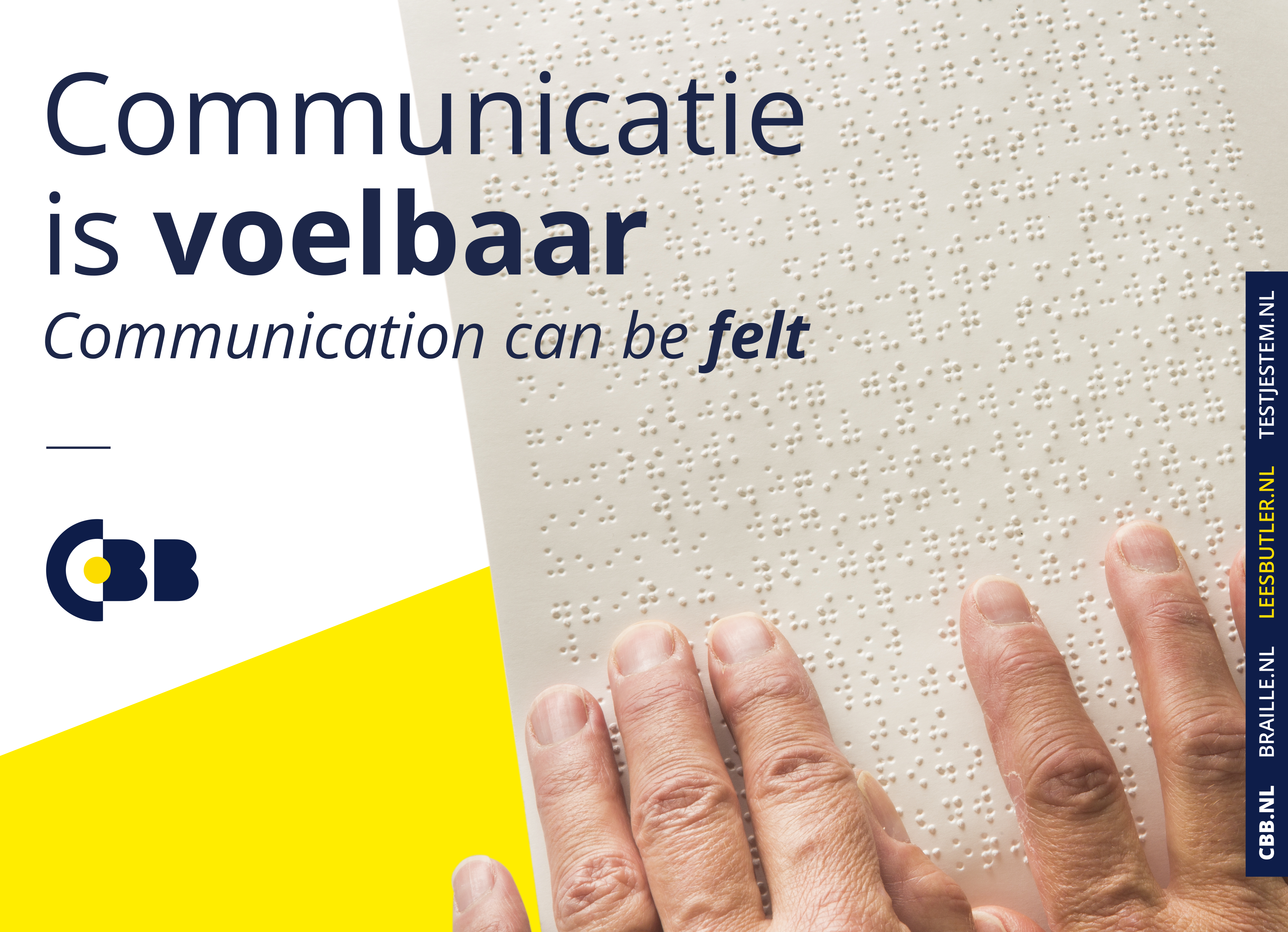 De portfolio van de CBB met daarop de tekst Communicatie is voelbaar, het logo van de CBB en een foto van twee handen op een braillepagina. De portfolio is ingebonden met een ringwire.