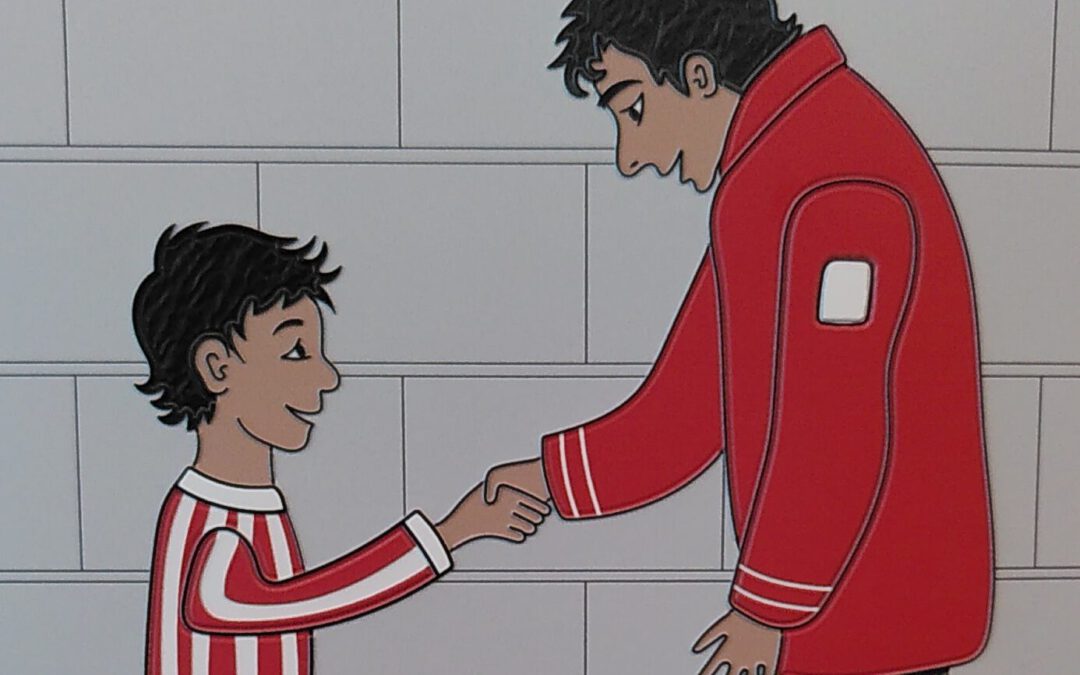 An image of a boy and a trainer that shake eachothers hand. The image is made tactile with relief.