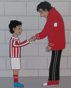 An image of a boy and a trainer that shake eachothers hand. The image is made tactile with relief.