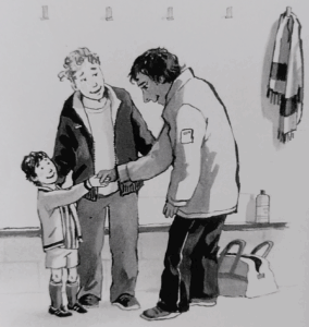 The orginal picture of a father, son and trainer. This picture isn't ready yet to be made tactile, because there is still depth in the picture.