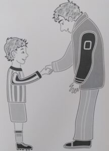 A picture of the boy and the trainer where there is no depth visible anymore in the picture. The two persons are only visible from the side. In this way when made tactile the image can be understood better.